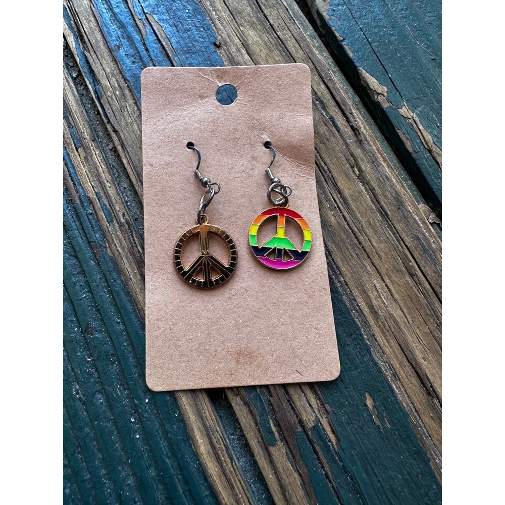 Rainbow Peace Sign Dangle Earrings‎ Multi Color Enamel Pride Boho Jewelry